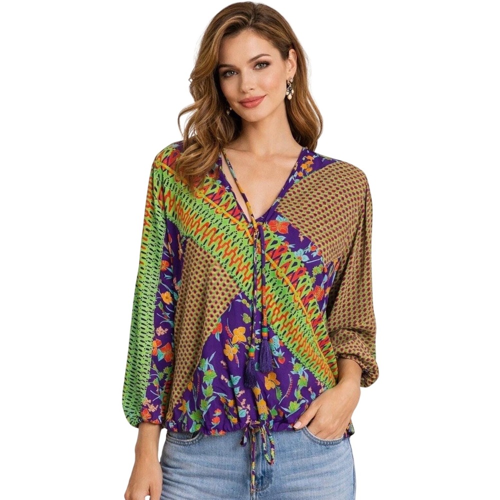 Vtg 80s Diane Freis Blouse Top Floral Boho Gypsy Tassels Festival Small